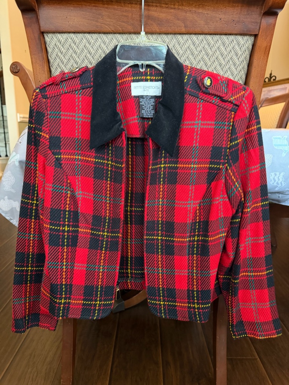 Petite Sophisticate Red & Black Plaid Cropped Jacket with Yellow Accent